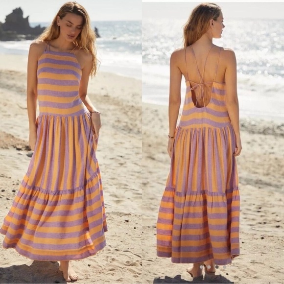 Anthropologie Grommet Halter Maxi Dress Striped Strappy Tie Back Medium - Picture 1 of 10